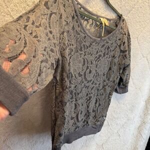 Eyeshadow Womens L Gray Floral Lace Sheer Top 3/4 Sleeve Romantic Grunge Y2K